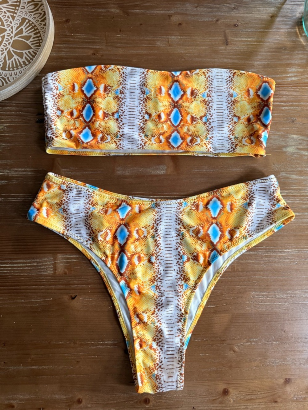 Amazon Yellow Orange Blue Patterned Bandeau Bikini Set